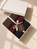 SATR Dark Shades Trio gift box — three folded chiffon hijabs in coffee brown, beetroot and black